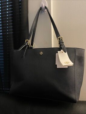 Tory Burch York Small Buckle Navy Blue Tote with Gold Accents